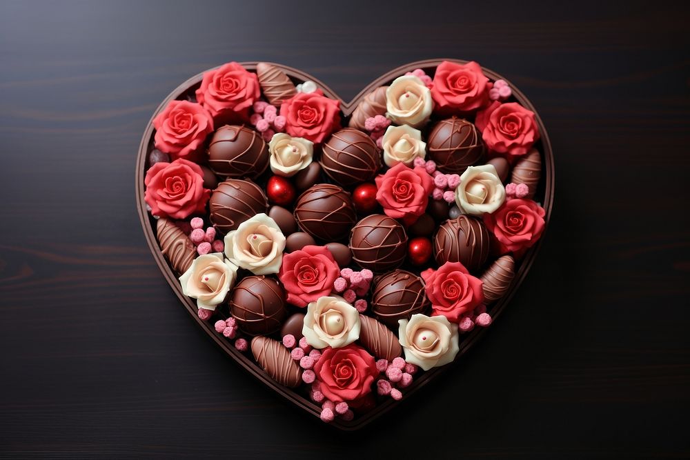 Heart shaped chocolate arrangement dessert food celebration.