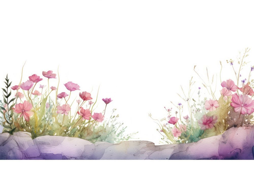 Minimal cosmos garden landscape with shape edge in bottom border nature outdoors painting.