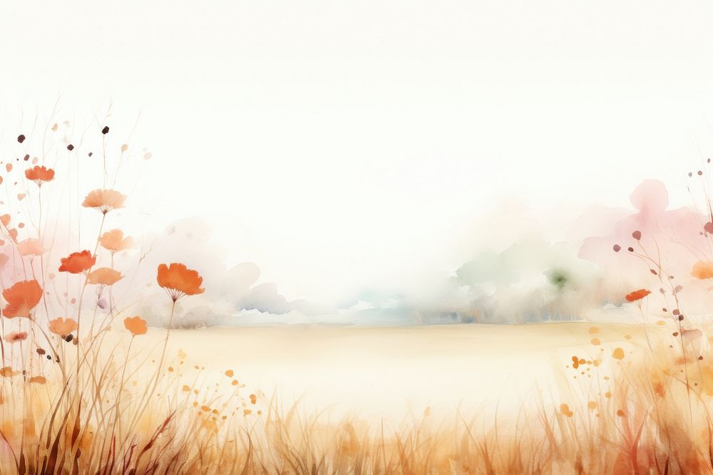 Minimal autumn flower landscape with shape edge in bottom border nature outdoors painting.