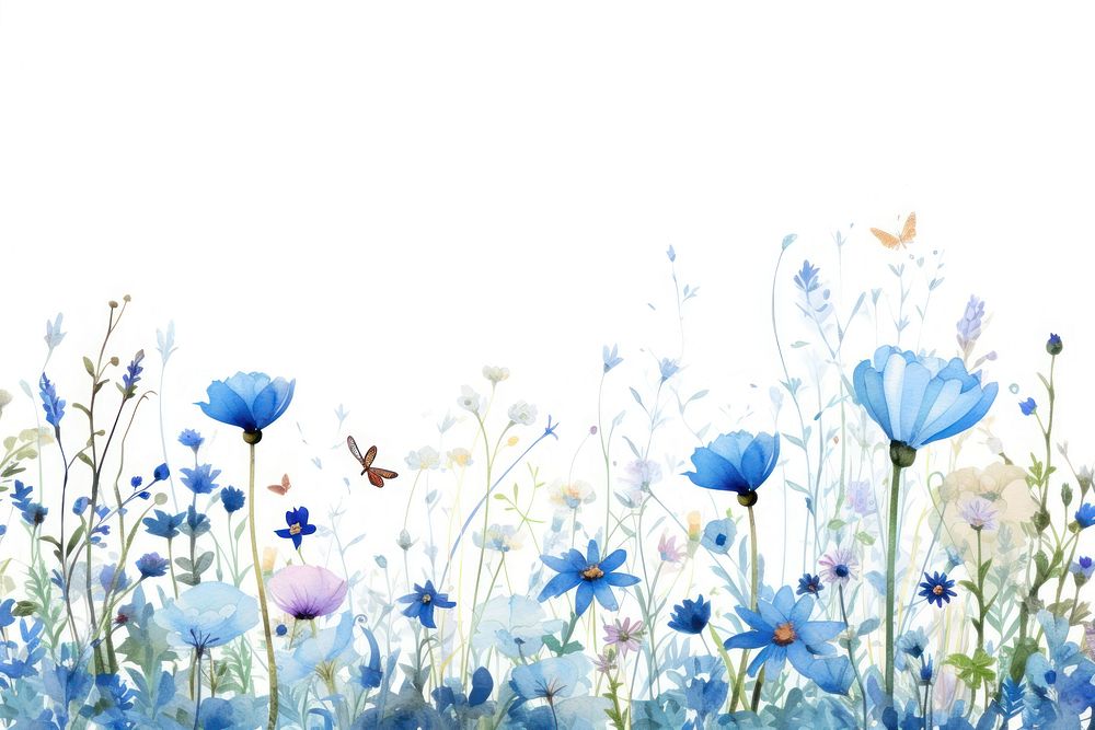 Minimal horizontal blue flower garden with shape edge in bottom border outdoors painting pattern.
