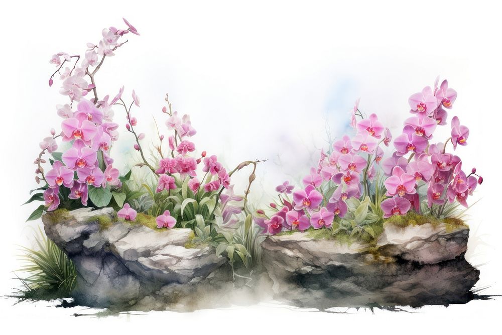 Minimal orchid garden landscape with shape edge in bottom border painting flower nature.