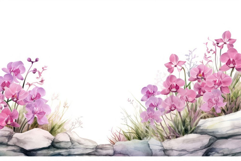 Minimal orchid garden landscape with shape edge in bottom border nature outdoors painting.