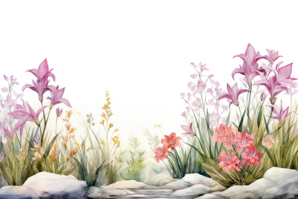 Minimal lily garden landscape with shape edge in bottom border nature outdoors painting.