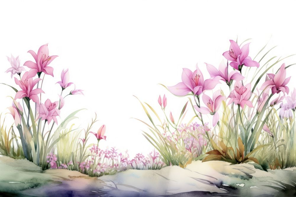 Minimal lily garden landscape with shape edge in bottom border outdoors painting nature.