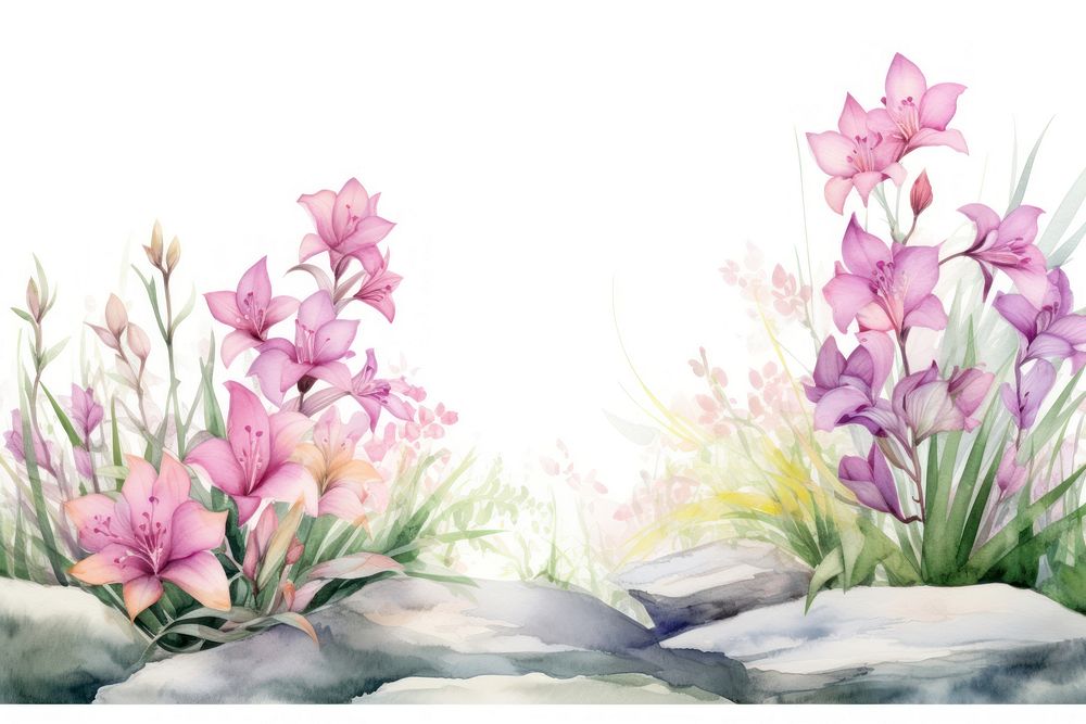 Minimal lily garden landscape with shape edge in bottom border painting nature flower.