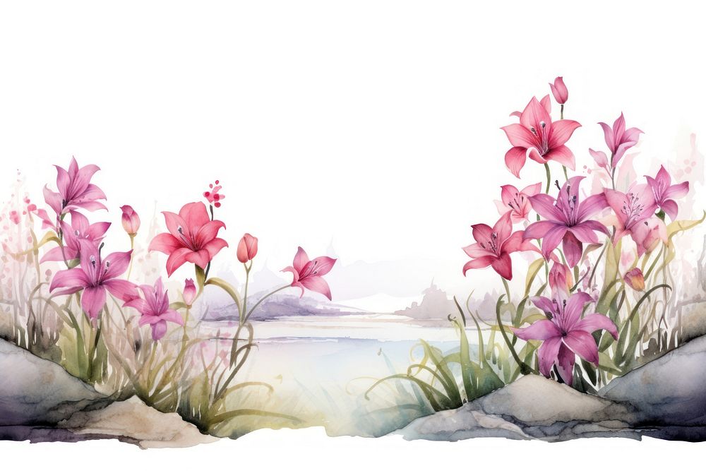Minimal lily garden landscape with shape edge in bottom border painting nature flower.