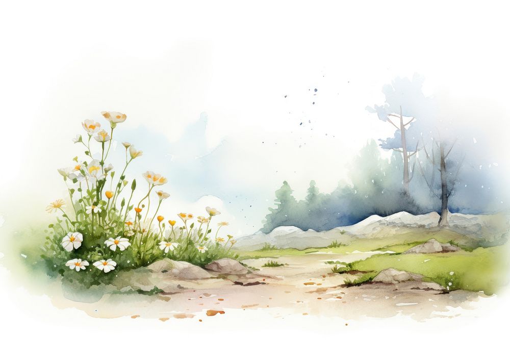 Minimal spring flower landscape with shape edge in bottom border painting nature outdoors.