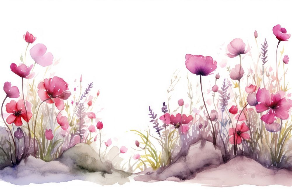 Minimal poppy garden landscape with shape edge in bottom border outdoors painting nature.
