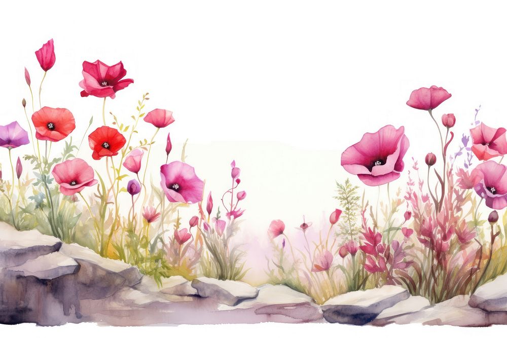 Minimal poppy garden landscape with shape edge in bottom border painting flower nature.