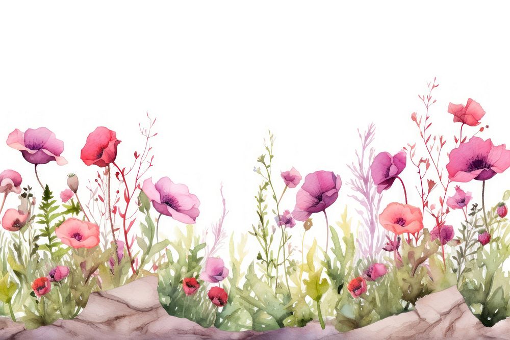 Minimal poppy garden landscape with shape edge in bottom border outdoors painting flower.