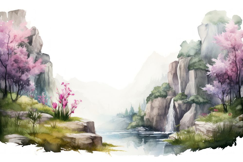 Minimal waterfall landscape with shape edge in bottom border painting nature outdoors.