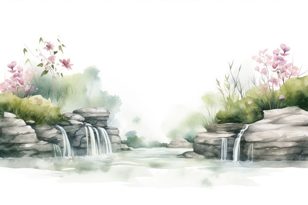 Minimal waterfall landscape with shape edge in bottom border nature outdoors painting.