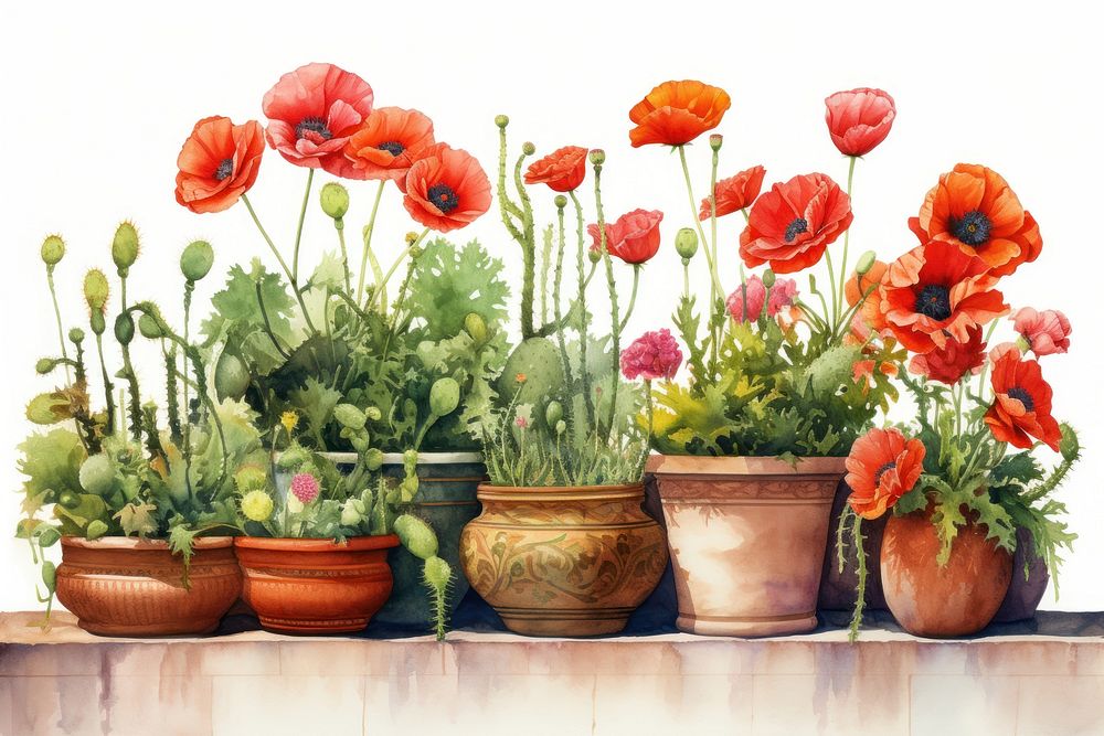 Poppy pots painting flower nature.