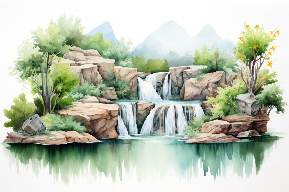 Waterfall with lakes coming from top nature landscape outdoors.