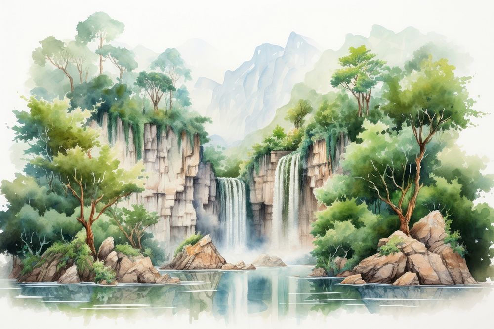 Waterfall with lakes coming from top landscape painting nature.
