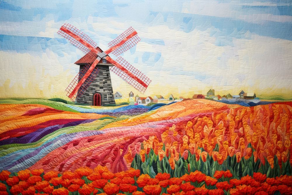 Windmill in tulip garden windmill landscape painting.