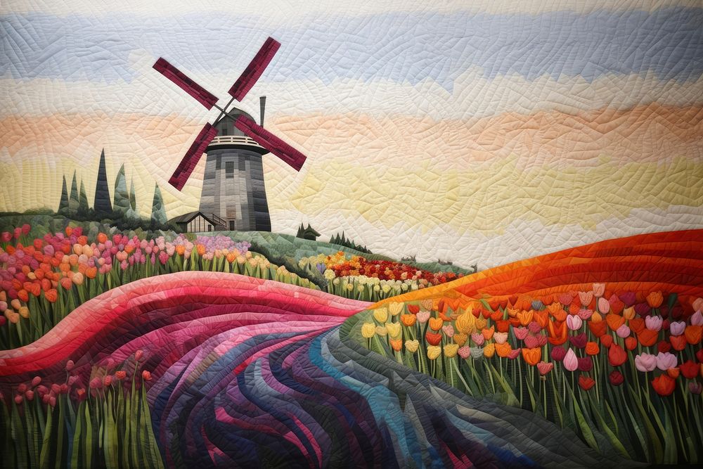 Windmill in tulip garden windmill landscape painting.