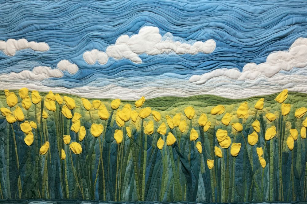 Yellow tulip field and blue sky landscape outdoors painting.
