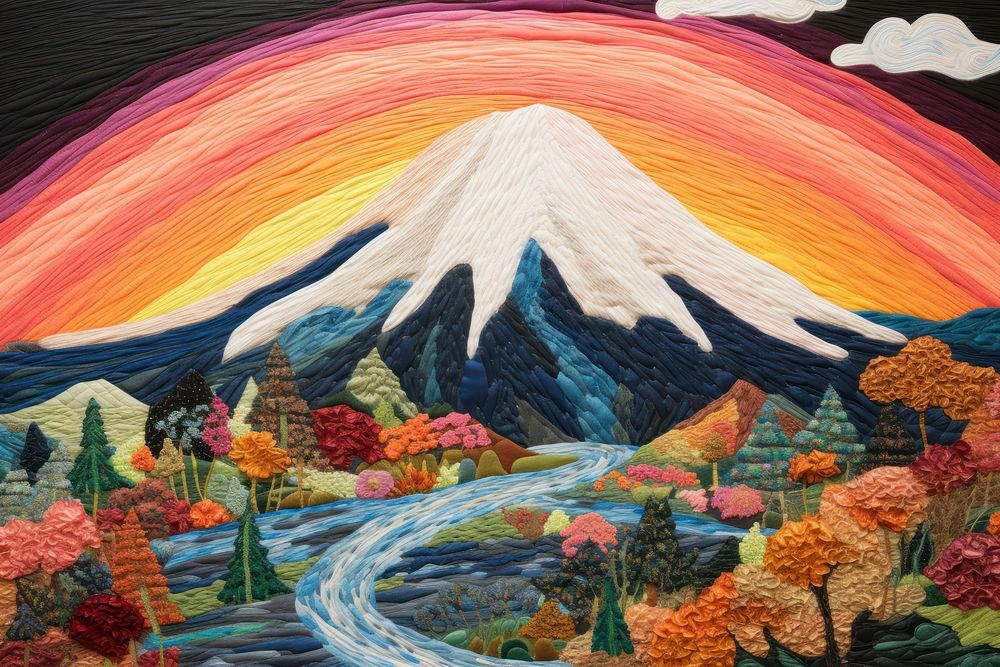 Fuji mountain and rainbow landscape outdoors painting.