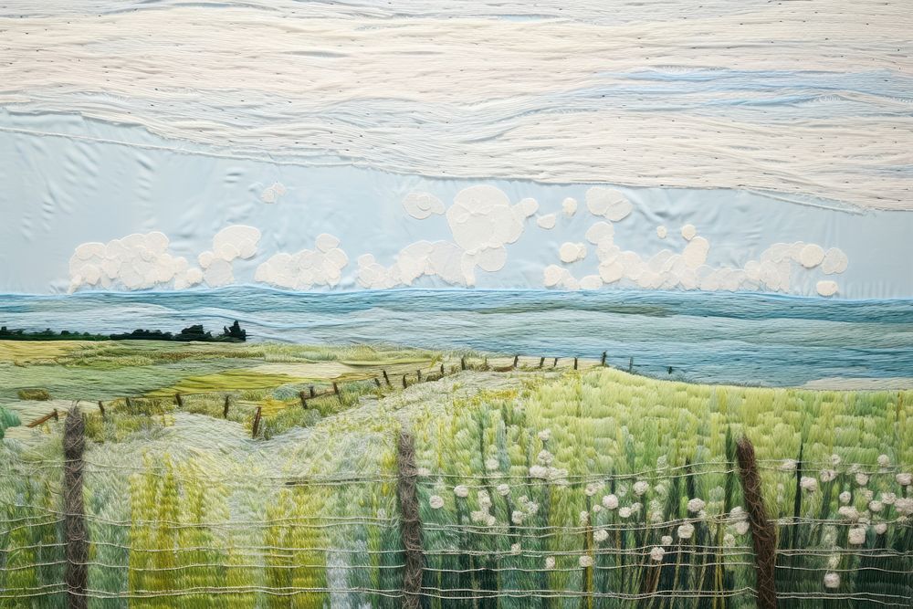 Green field and blue sky landscape outdoors painting.