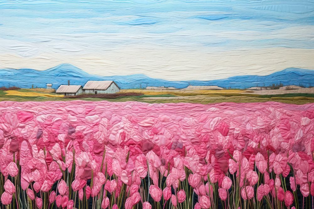 Pink tulip field and blue sky landscape outdoors painting.