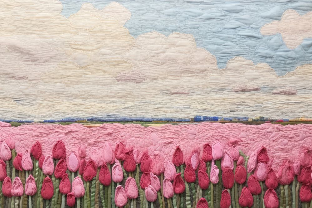 Pink tulip field and blue sky painting textile pattern.