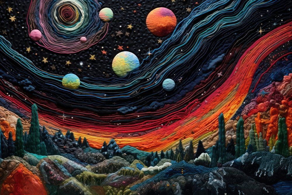Planet in colorful galaxy landscape mountain outdoors.