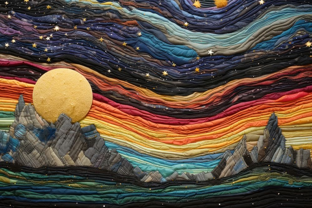Planet in colorful galaxy landscape textile craft.