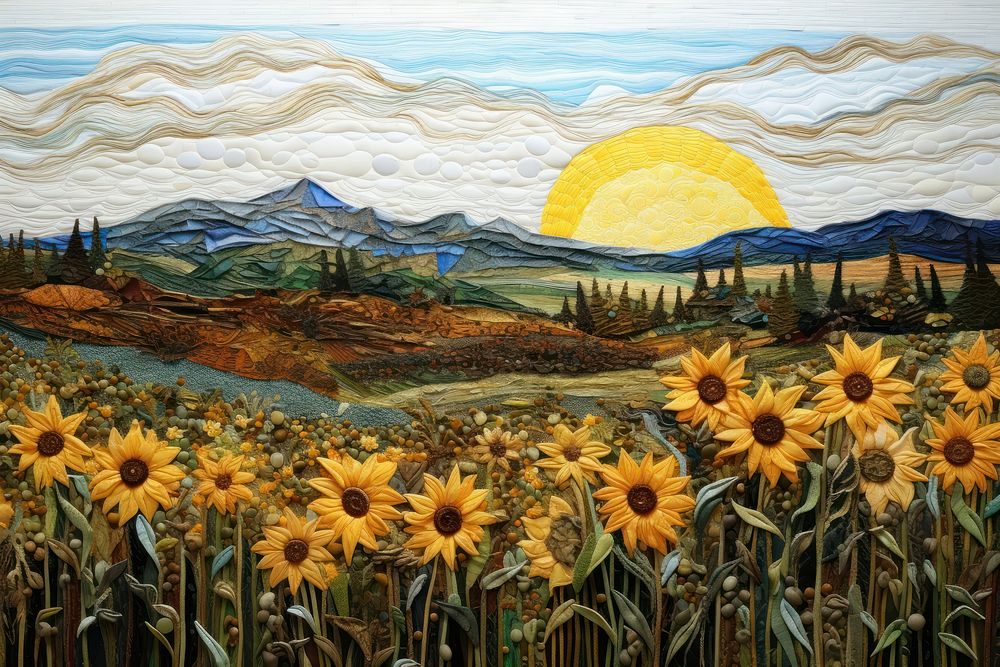 Sunflower field and blue sky landscape painting plant.