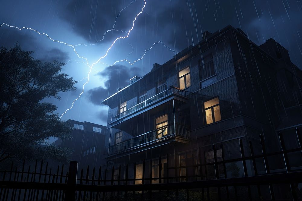 Weather effects composition lightning thunderstorm building. AI generated Image by rawpixel.