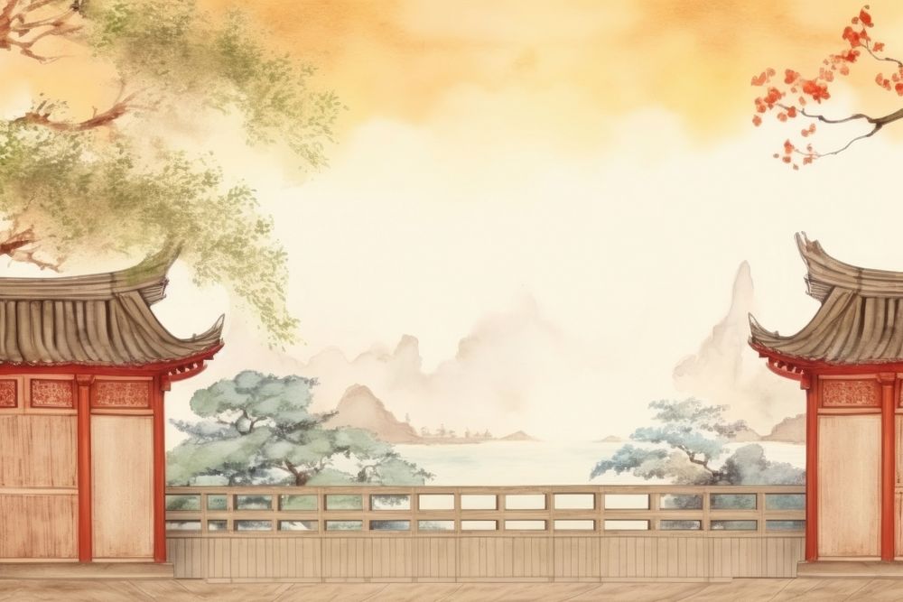 Ancient chinese house scenery wall architecture illustrated. AI generated Image by rawpixel.