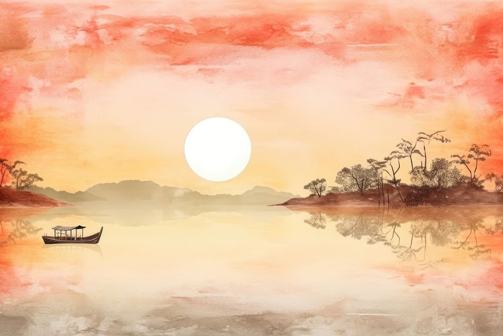 Boat in a lake amidst the setting sun landscape outdoors nature. AI generated Image by rawpixel.