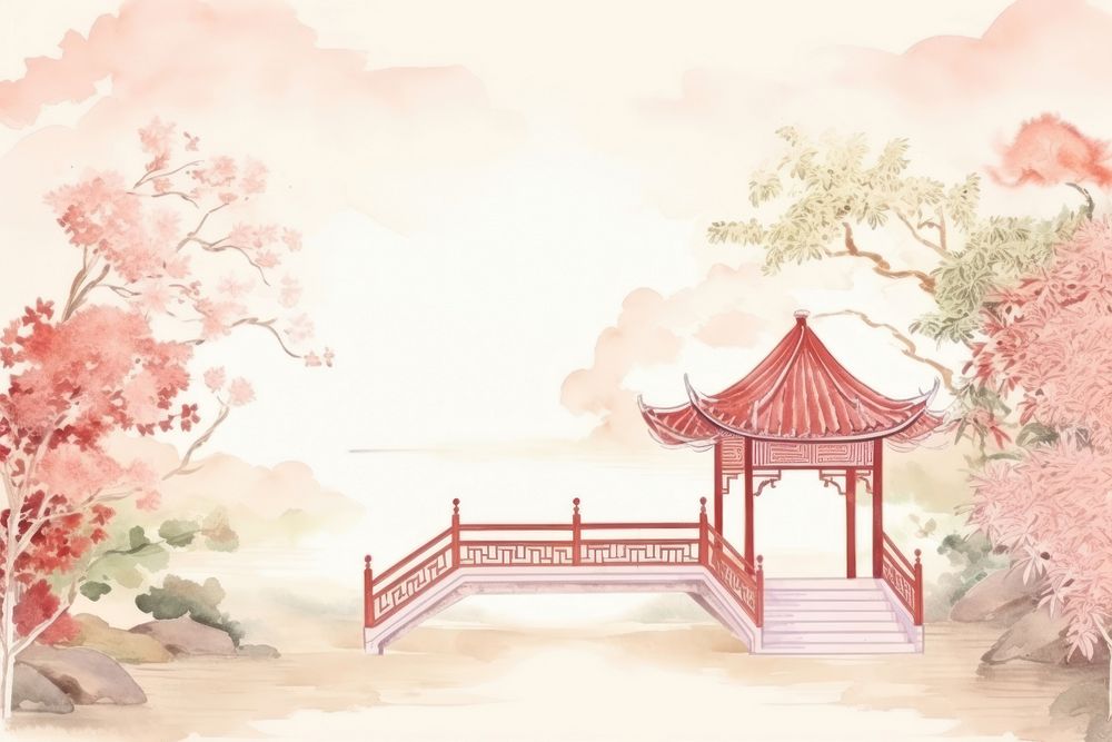 Chinese pavilion in the flower garden scenery outdoors drawing sketch. AI generated Image by rawpixel.