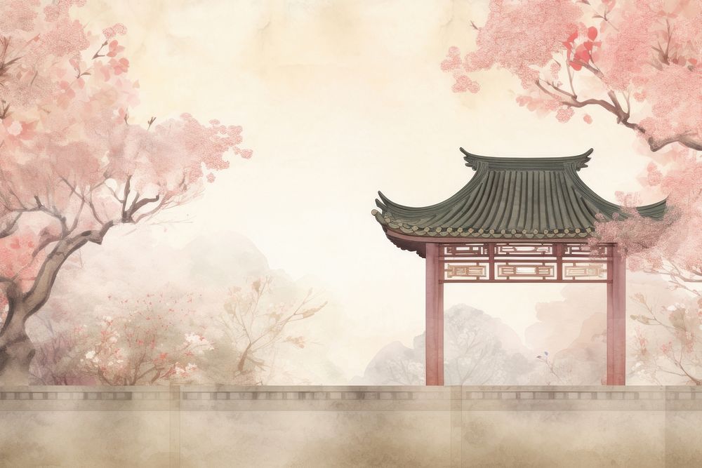 Chinese pavilion in the flower garden scenery blossom plant wall. AI generated Image by rawpixel.