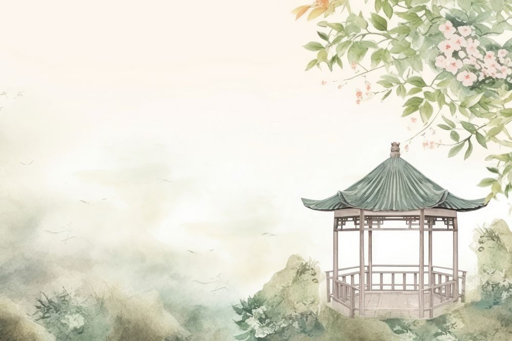 Chinese pavilion in the flower garden scenery architecture building outdoors. AI generated Image by rawpixel.