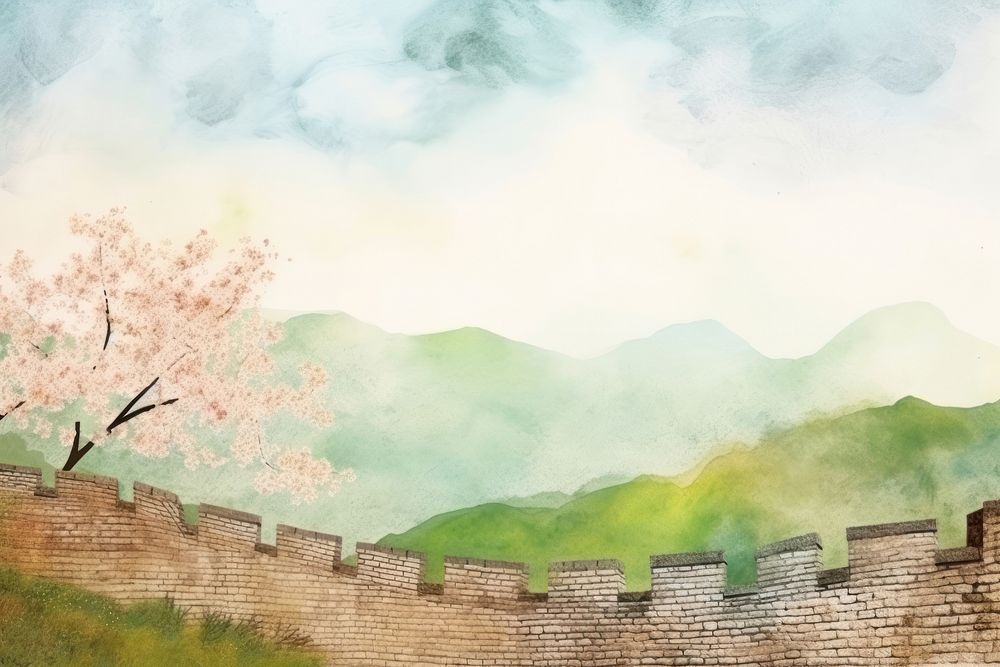 Great Wall of China in spring scenery wall architecture painting. AI generated Image by rawpixel.
