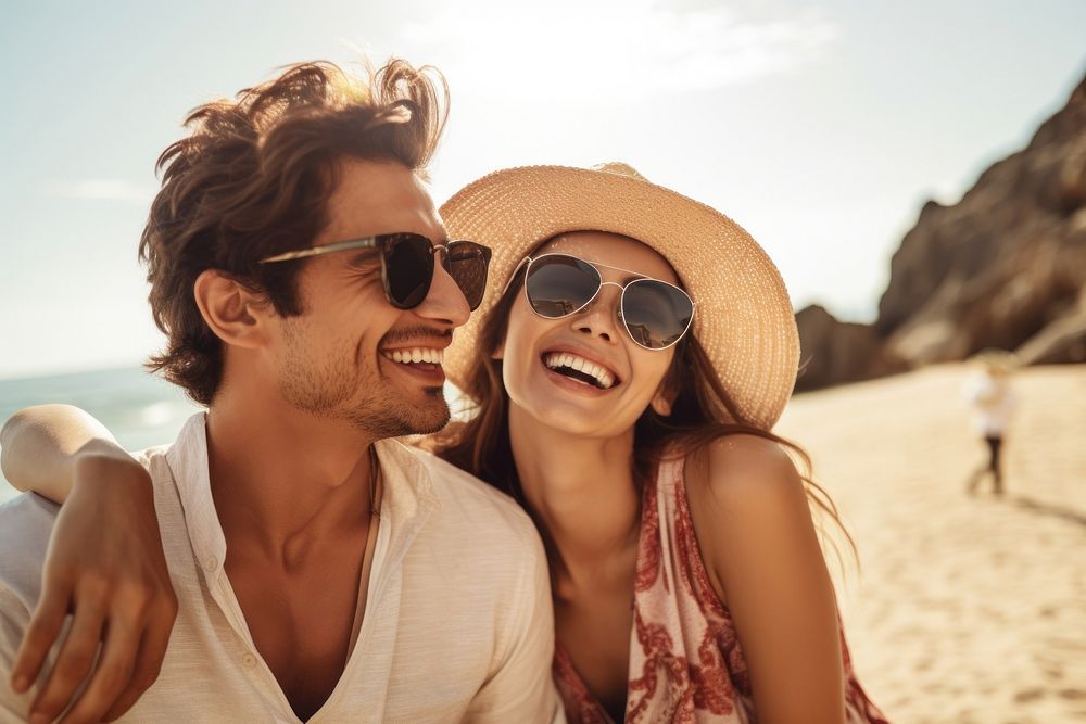 Happy Thai couple laughing sunny beach. AI generated Image by rawpixel.