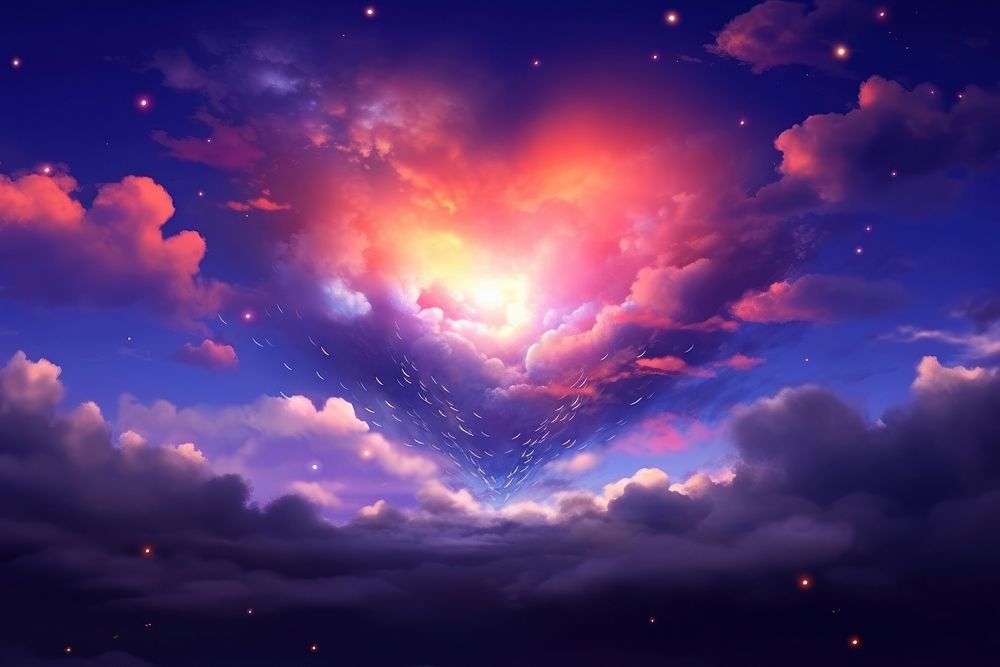  Fantasy evening sky background with heart shaped clouds backgrounds astronomy outdoors. AI generated Image by rawpixel.