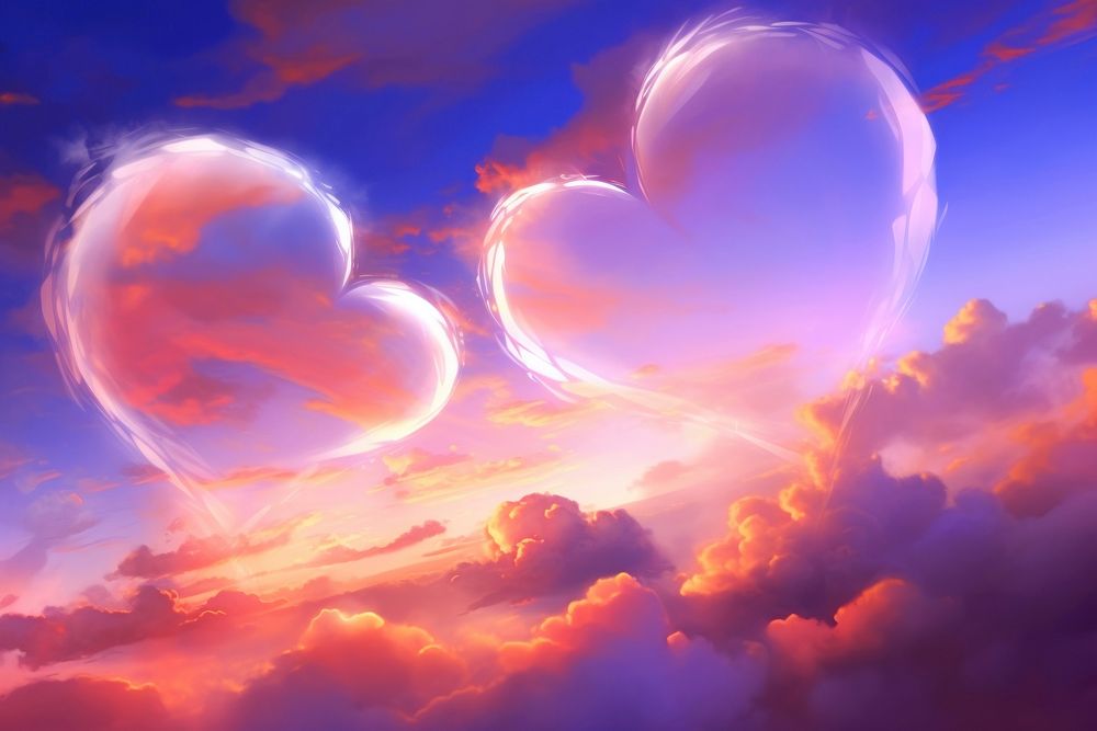  Fantasy evening sky background with heart shaped clouds backgrounds outdoors nature. AI generated Image by rawpixel.
