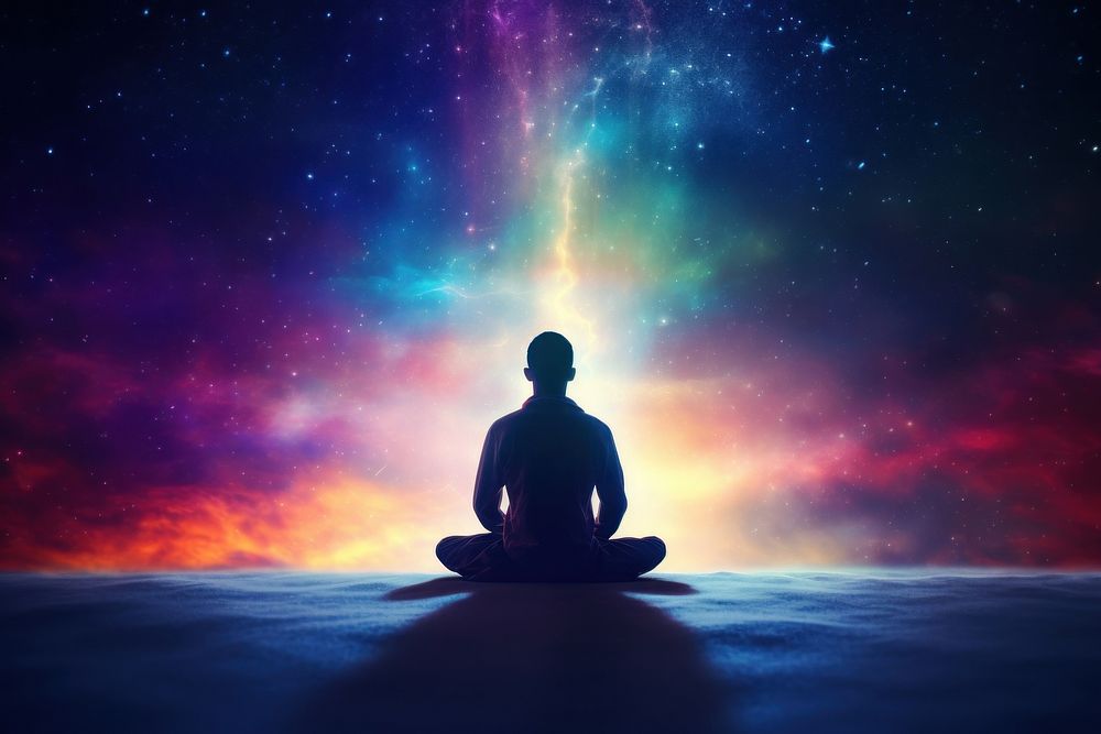 Full shot adult meditating outdoors galaxy nature. AI generated Image by rawpixel.