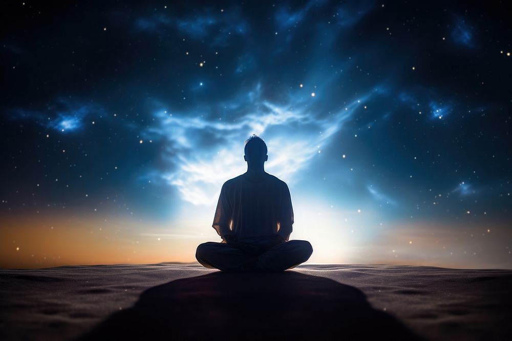 Full shot adult meditating galaxy yoga sky. AI generated Image by rawpixel.