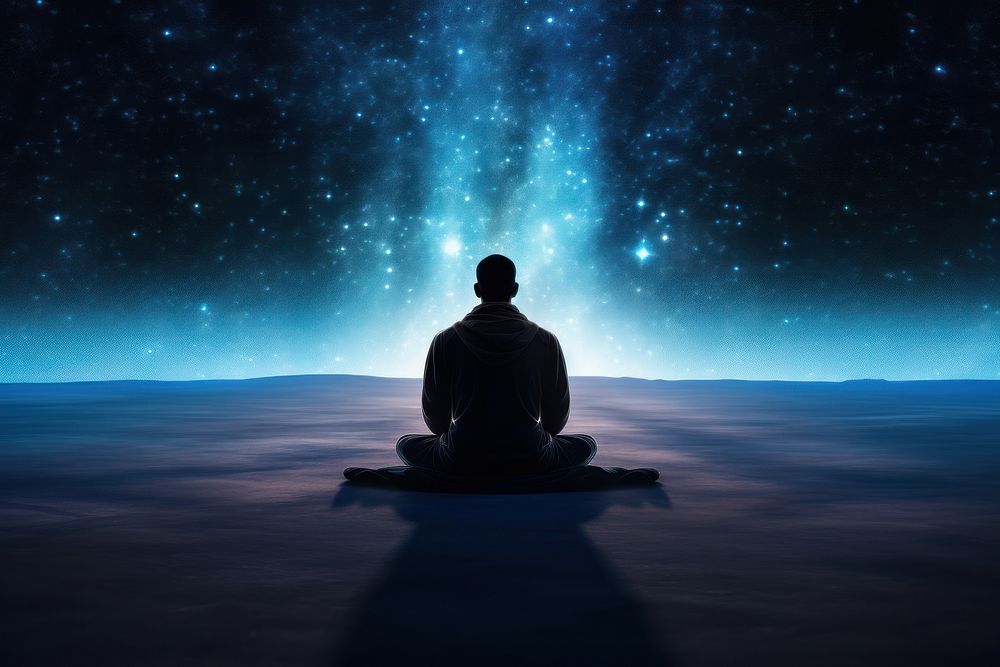 Full shot adult meditating sky galaxy nature. AI generated Image by rawpixel.