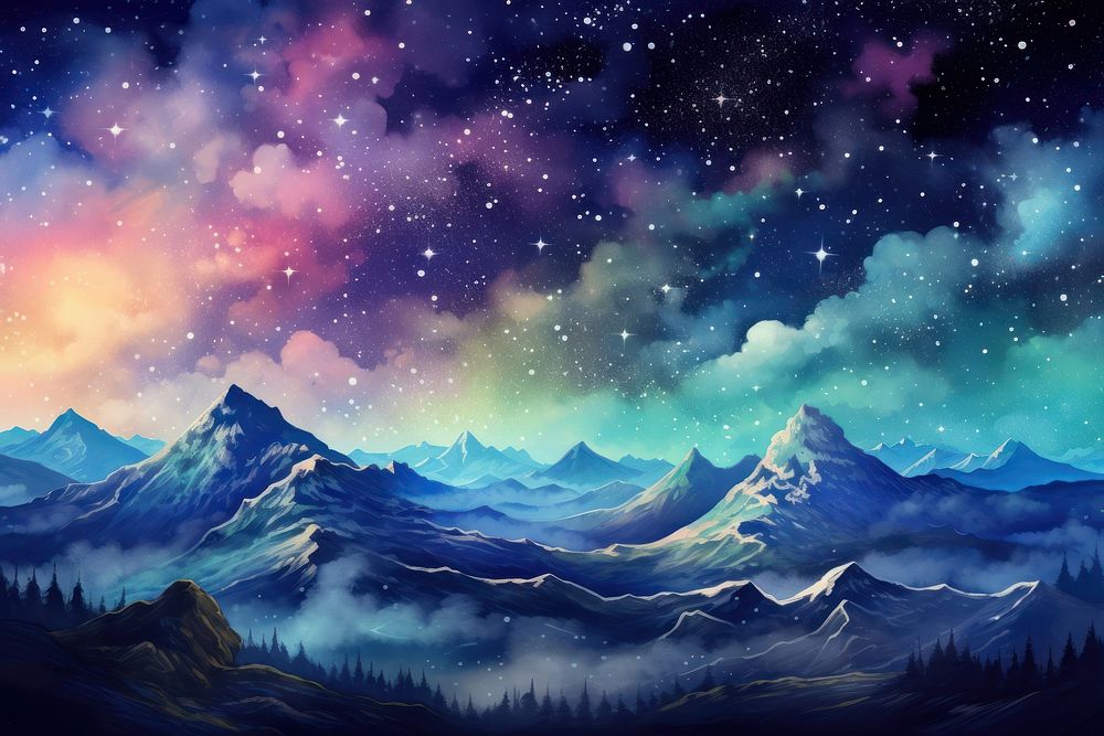 Metaverse in Watercolor style landscape panoramic mountain.