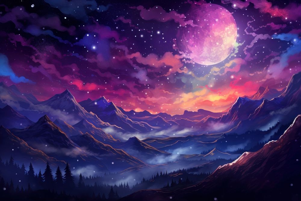 Metaverse in Watercolor style landscape astronomy mountain.