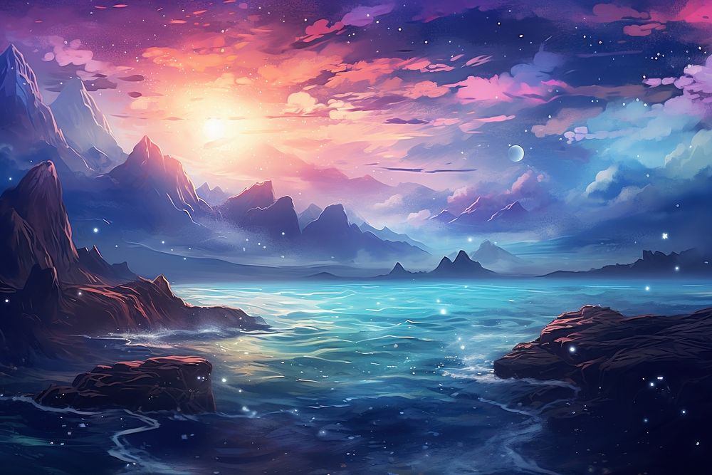 Metaverse in Watercolor style sea landscape outdoors.