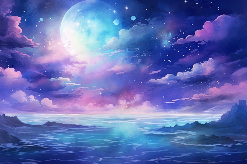 Metaverse in Watercolor style sea astronomy outdoors.