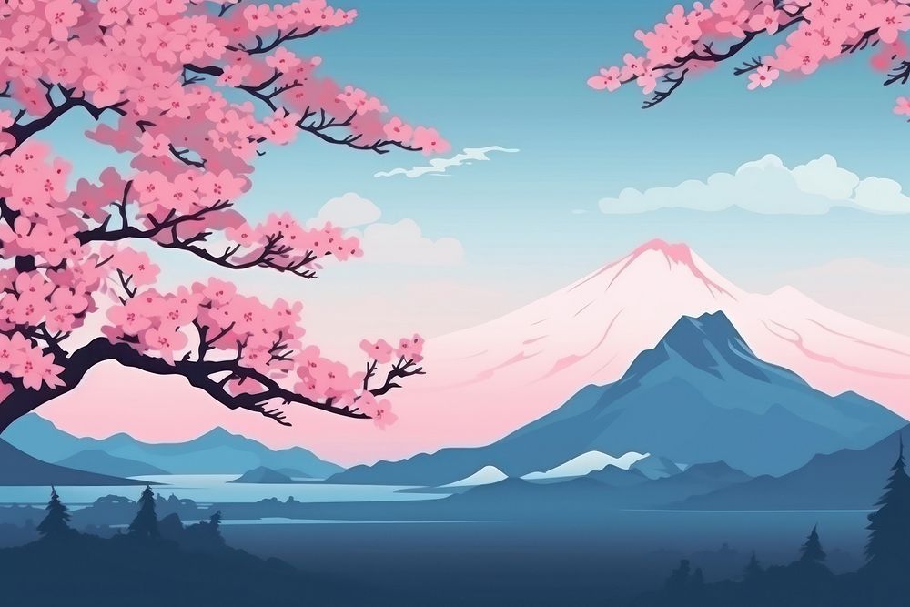 Cherry blossom and mountain landscape outdoors nature.