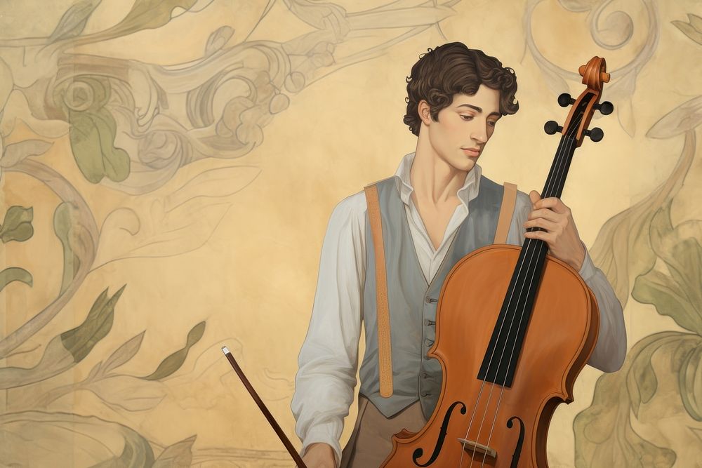 Illustration of a man with music instrument violin cello performance.