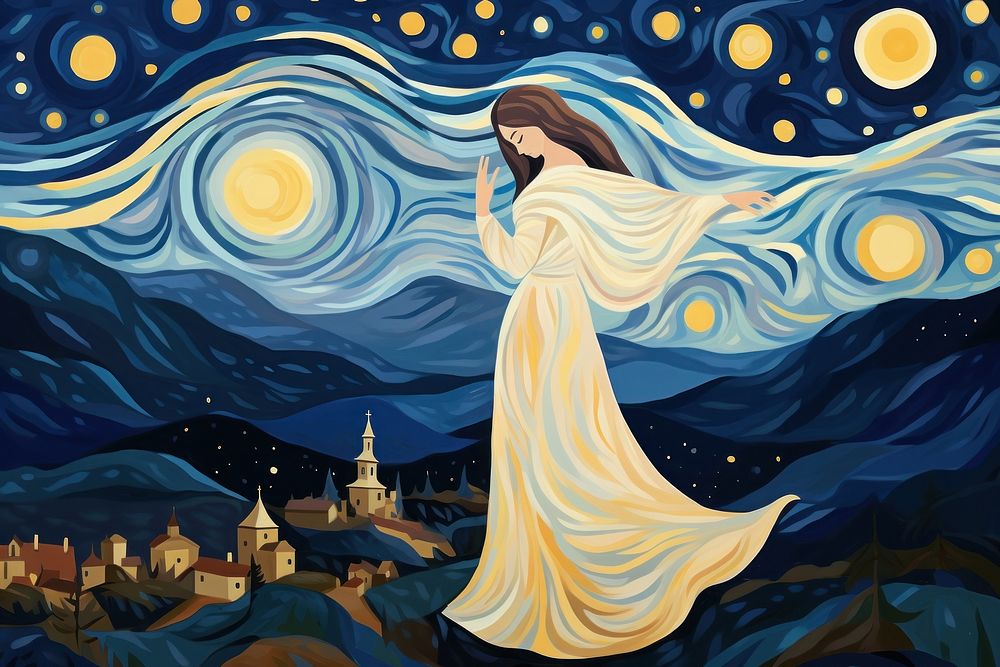 Illustration of starry night painting art drawing.