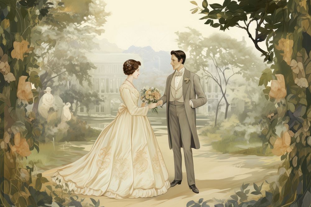 Illustration of wedding garden painting fashion dress.